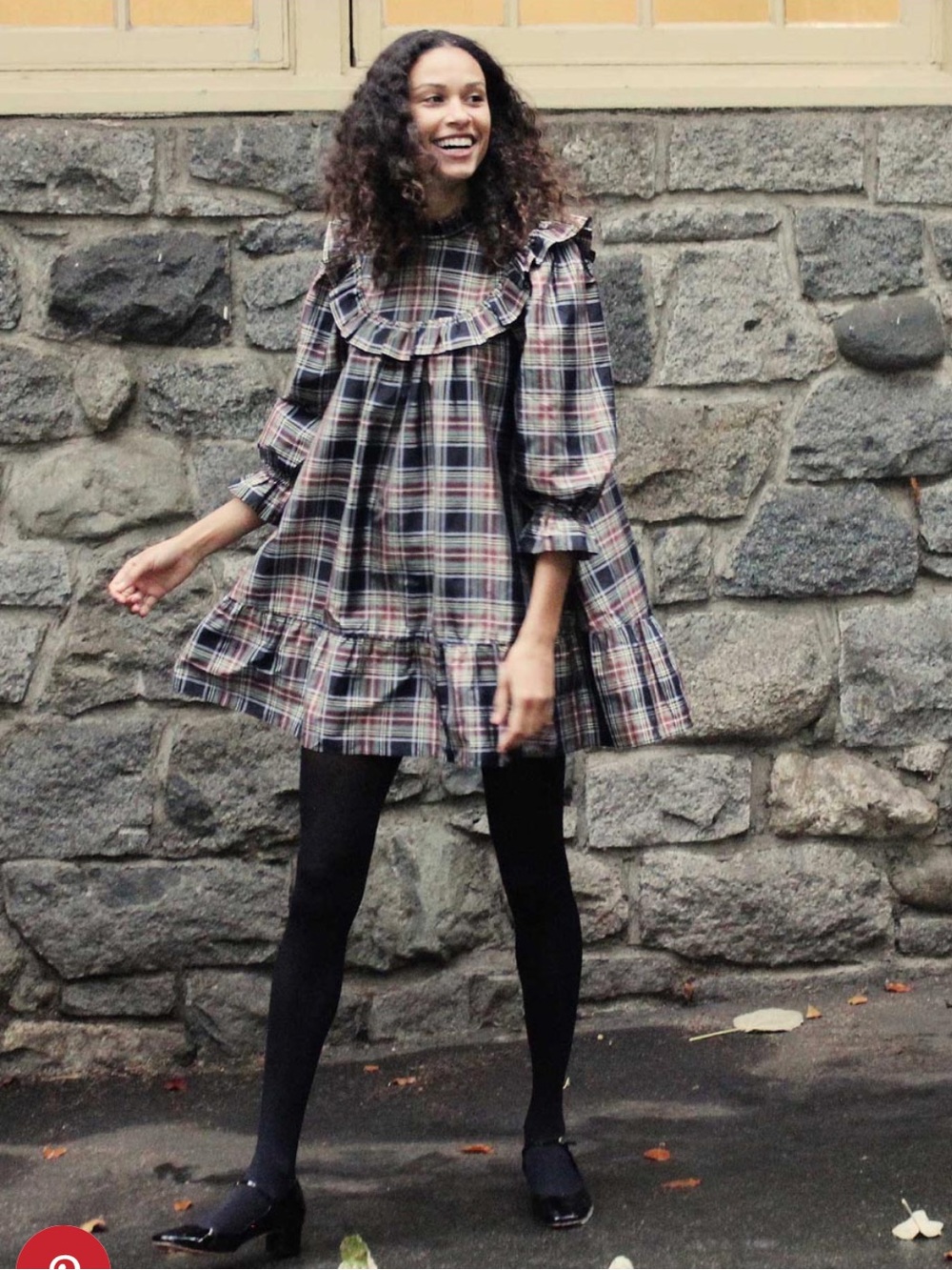 Doen Bronley Silk Plaid Ruffle Yoke Long-Sleeve Mini Dress in Black, Red, Cream